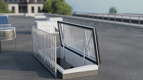 LAMILUX Flat Roof Access Hatch Service FE  z balustradą i otwartym oknem szklanym na dachu